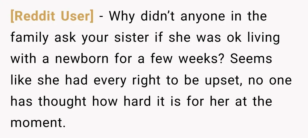 [Reddit User] − Why didn’t anyone in the family ask your sister if she was ok living with a newborn for a few weeks? Seems like she had every right...