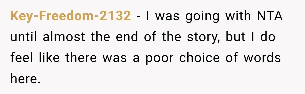Key-Freedom-2132 − I was going with NTA until almost the end of the story, but I do feel like there was a poor choice of words here.