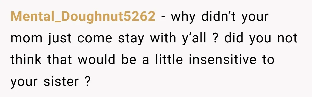 Mental_Doughnut5262 − why didn’t your mom just come stay with y’all ? did you not think that would be a little insensitive to your sister ?