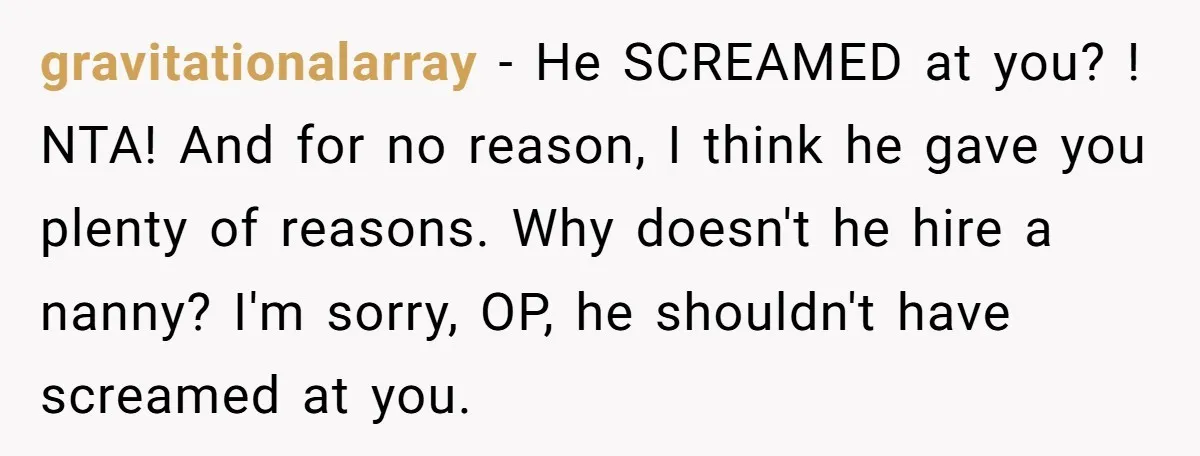 gravitationalarray − He SCREAMED at you? ! NTA! And for no reason, I think he gave you plenty of reasons. Why doesn't he hire a nanny? I'm sorry, OP, he...