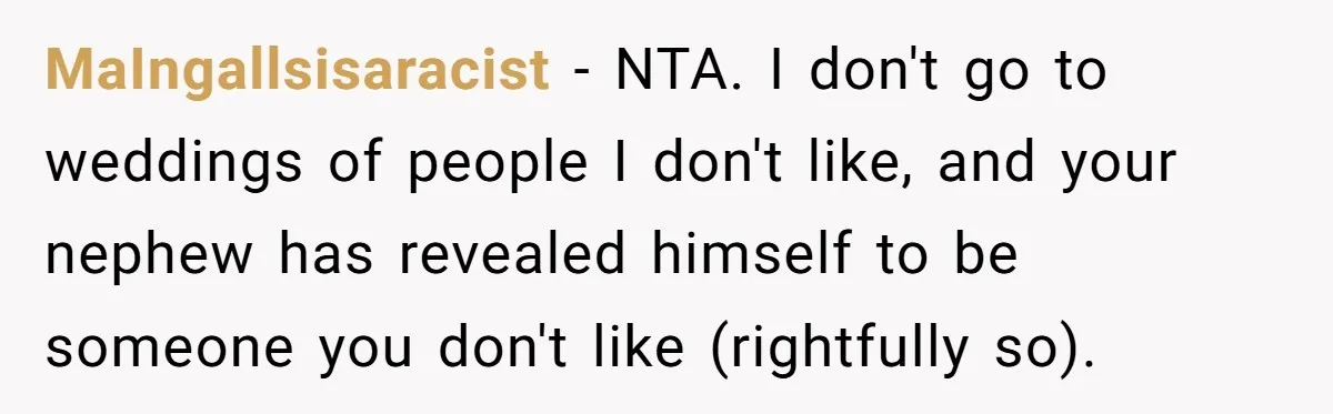 MaIngallsisaracist - NTA. I don't go to weddings of people I don't like, and your nephew has revealed himself to be someone you don't like (rightfully so).