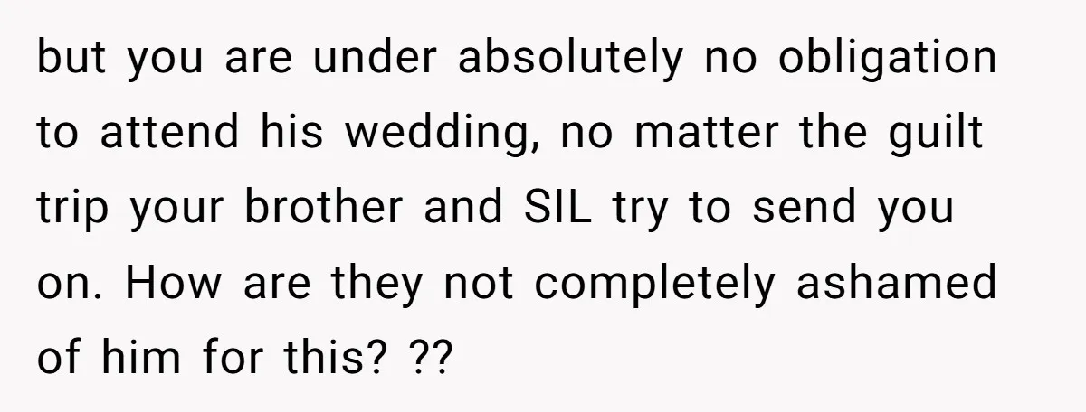 but you are under absolutely no obligation to attend his wedding, no matter the guilt trip your brother and SIL try to send you on. How are they not completely...