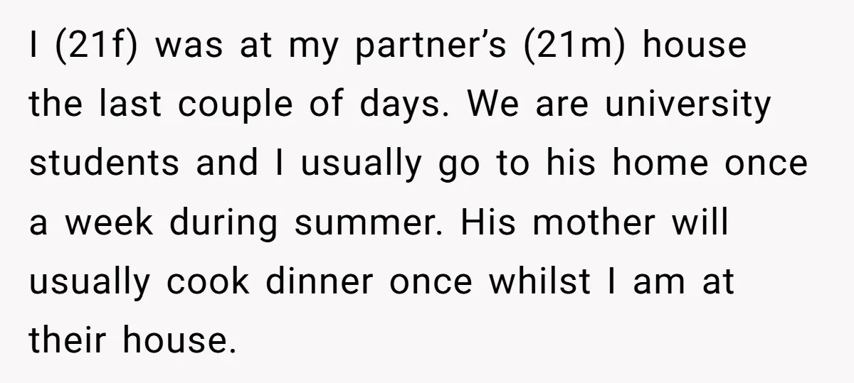 I (21f) was at my partner’s (21m) house the last couple of days. We are university students and I usually go to his home once a week during summer. His...