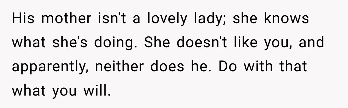 His mother isn't a lovely lady; she knows what she's doing. She doesn't like you, and apparently, neither does he. Do with that what you will.