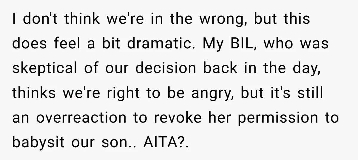 I don't think we're in the wrong, but this does feel a bit dramatic. My BIL, who was skeptical of our decision back in the day, thinks we're right to...