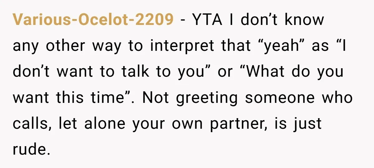 Various-Ocelot-2209 - YTA I don’t know any other way to interpret that “yeah” as “I don’t want to talk to you” or “What do you want this time”. Not greeting...
