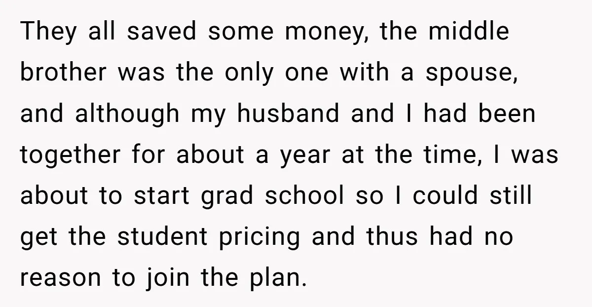 They all saved some money, the middle brother was the only one with a spouse, and although my husband and I had been together for about a year at the...