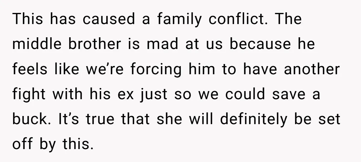 This has caused a family conflict. The middle brother is mad at us because he feels like we’re forcing him to have another fight with his ex just so we...