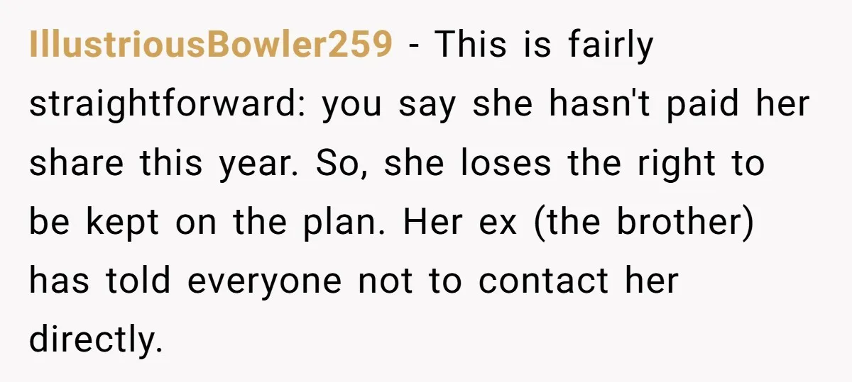 IllustriousBowler259 − This is fairly straightforward: you say she hasn't paid her share this year. So, she loses the right to be kept on the plan. Her ex (the brother)...