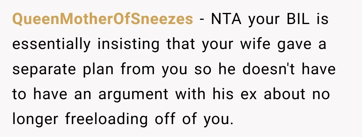 QueenMotherOfSneezes − NTA your BIL is essentially insisting that your wife gave a separate plan from you so he doesn't have to have an argument with his ex about no...