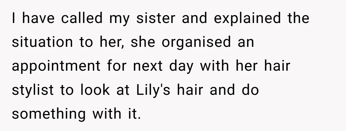 I have called my sister and explained the situation to her, she organised an appointment for next day with her hair stylist to look at Lily's hair and do something...