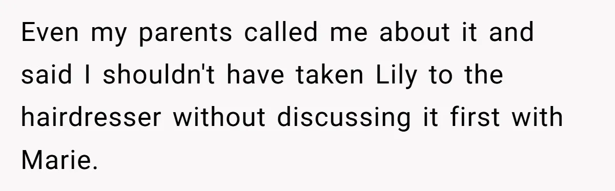 Even my parents called me about it and said I shouldn't have taken Lily to the hairdresser without discussing it first with Marie.