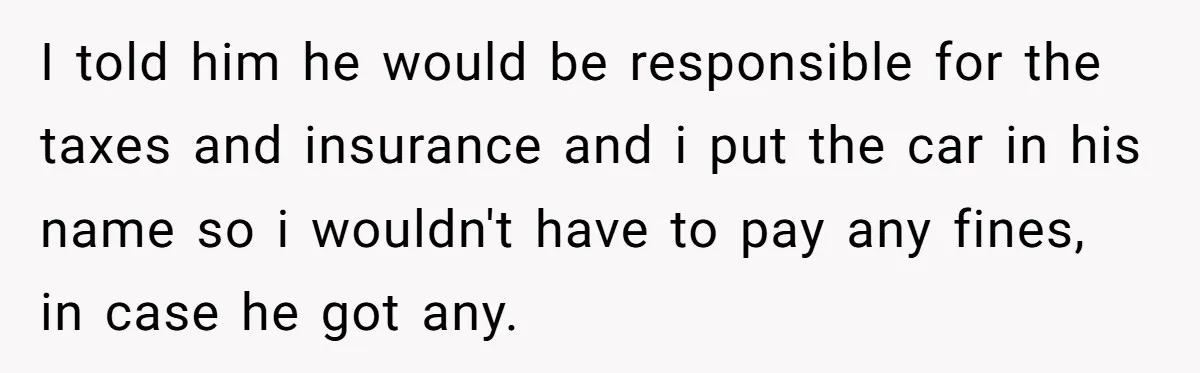 I told him he would be responsible for the taxes and insurance and i put the car in his name so i wouldn't have to pay any fines, in case...