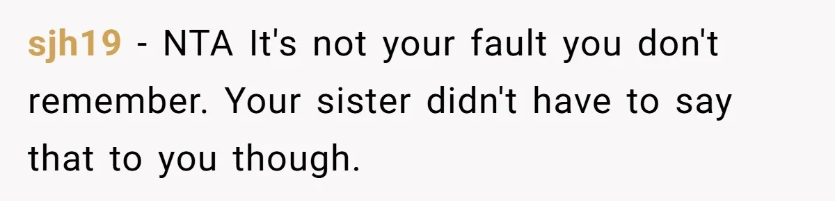 sjh19 − NTA It's not your fault you don't remember. Your sister didn't have to say that to you though.