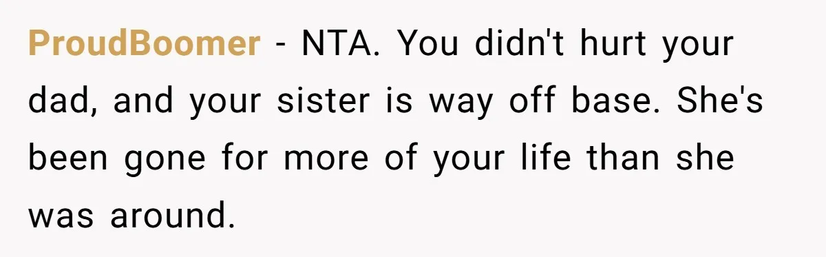 ProudBoomer − NTA. You didn't hurt your dad, and your sister is way off base. She's been gone for more of your life than she was around.