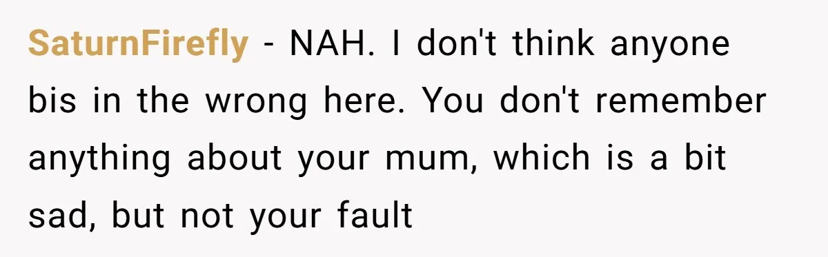 SaturnFirefly − NAH. I don't think anyone bis in the wrong here. You don't remember anything about your mum, which is a bit sad, but not your fault