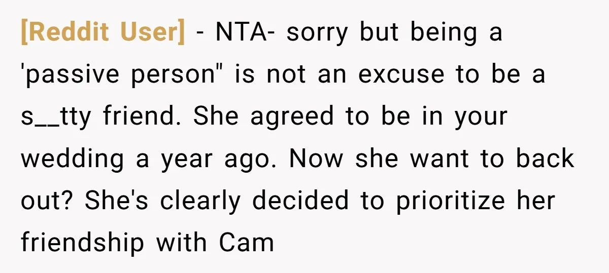 [Reddit User] − NTA- sorry but being a 'passive person" is not an excuse to be a s__tty friend. She agreed to be in your wedding a year ago. Now...