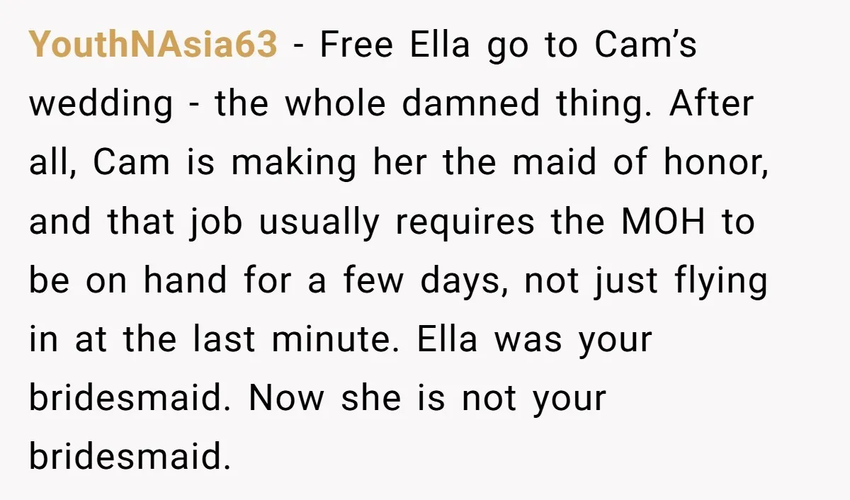 YouthNAsia63 − Free Ella go to Cam’s wedding - the whole damned thing. After all, Cam is making her the maid of honor, and that job usually requires the MOH...