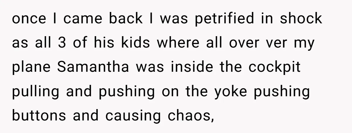 once I came back I was petrified in shock as all 3 of his kids where all over ver my plane Samantha was inside the cockpit pulling and pushing on...