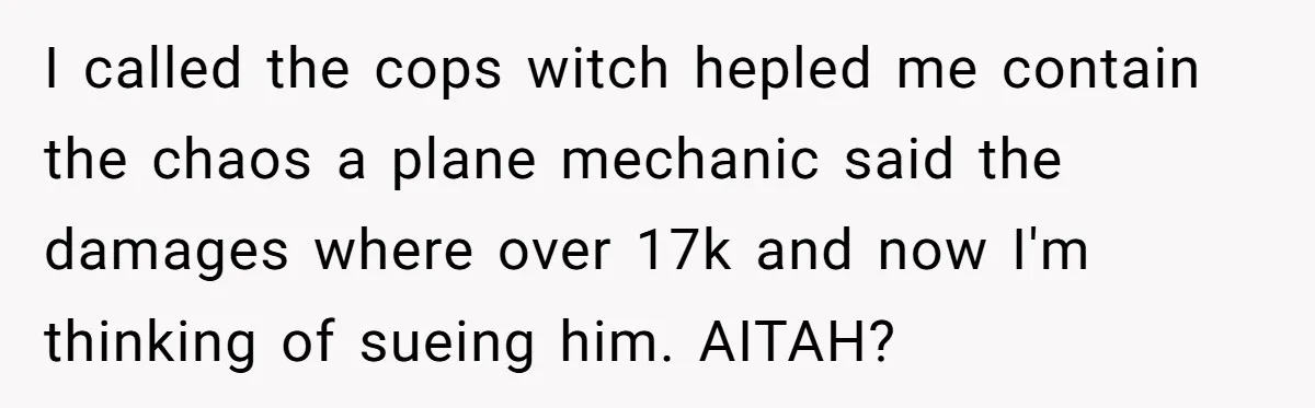 I called the cops witch hepled me contain the chaos a plane mechanic said the damages where over 17k and now I'm thinking of sueing him. AITAH?