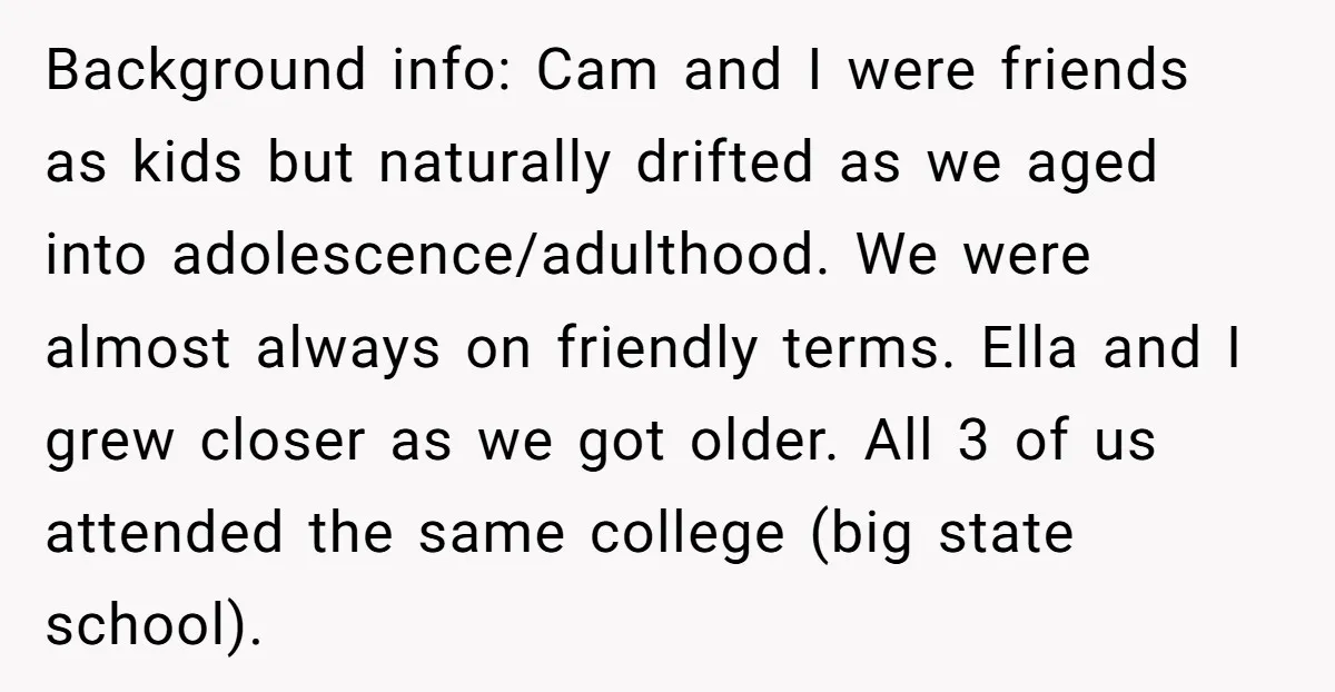 Background info: Cam and I were friends as kids but naturally drifted as we aged into adolescence/adulthood. We were almost always on friendly terms. Ella and I grew closer as...