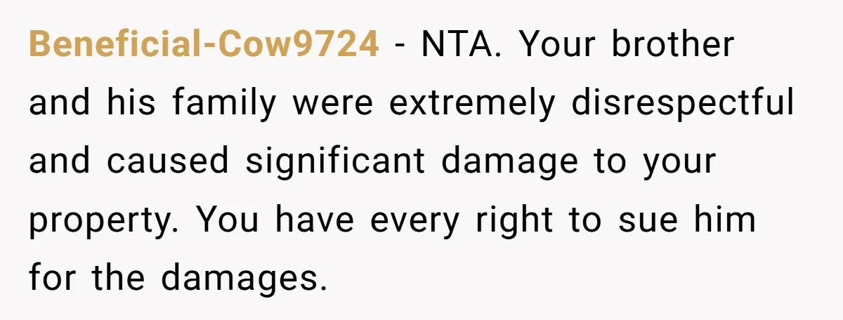 Beneficial-Cow9724 − NTA. Your brother and his family were extremely disrespectful and caused significant damage to your property. You have every right to sue him for the damages.