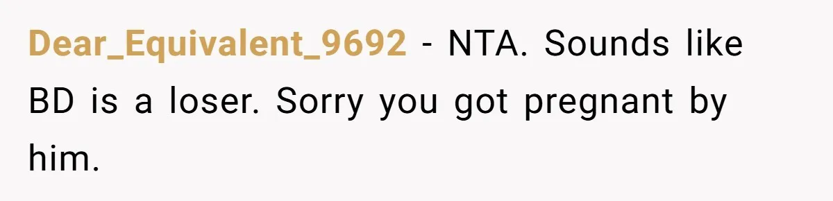 Dear_Equivalent_9692 − NTA. Sounds like BD is a loser. Sorry you got pregnant by him.