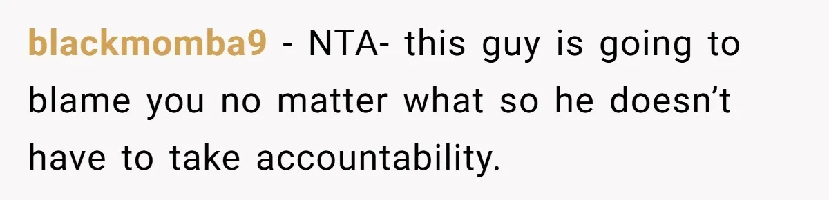 blackmomba9 − NTA- this guy is going to blame you no matter what so he doesn’t have to take accountability.