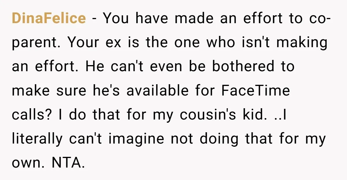 DinaFelice − You have made an effort to co-parent. Your ex is the one who isn't making an effort. He can't even be bothered to make sure he's available for...