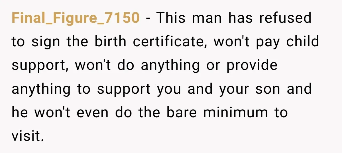 Final_Figure_7150 − This man has refused to sign the birth certificate, won't pay child support, won't do anything or provide anything to support you and your son and he won't...