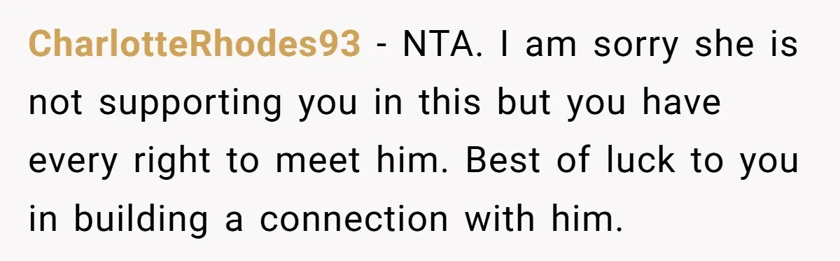 CharlotteRhodes93 − NTA. I am sorry she is not supporting you in this but you have every right to meet him. Best of luck to you in building a connection...