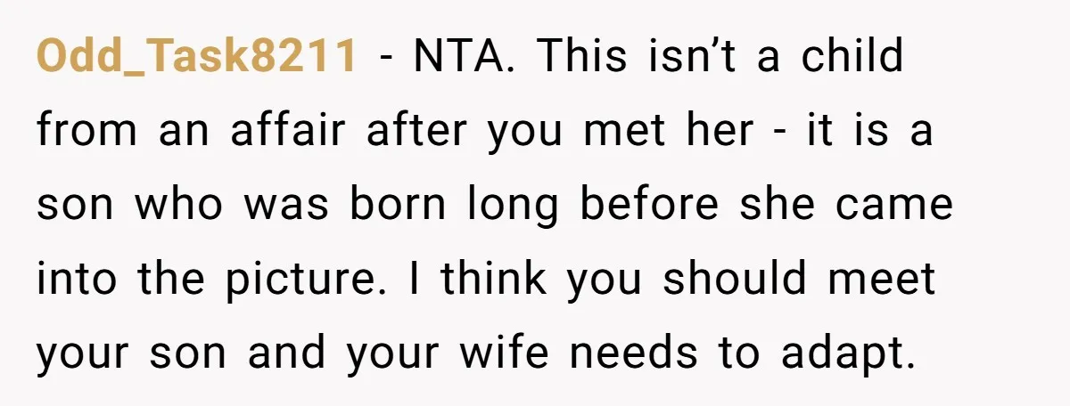 Odd_Task8211 − NTA. This isn’t a child from an affair after you met her - it is a son who was born long before she came into the picture. I...