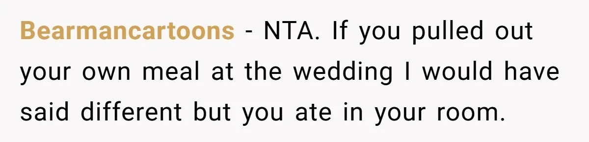 Bearmancartoons − NTA. If you pulled out your own meal at the wedding I would have said different but you ate in your room.