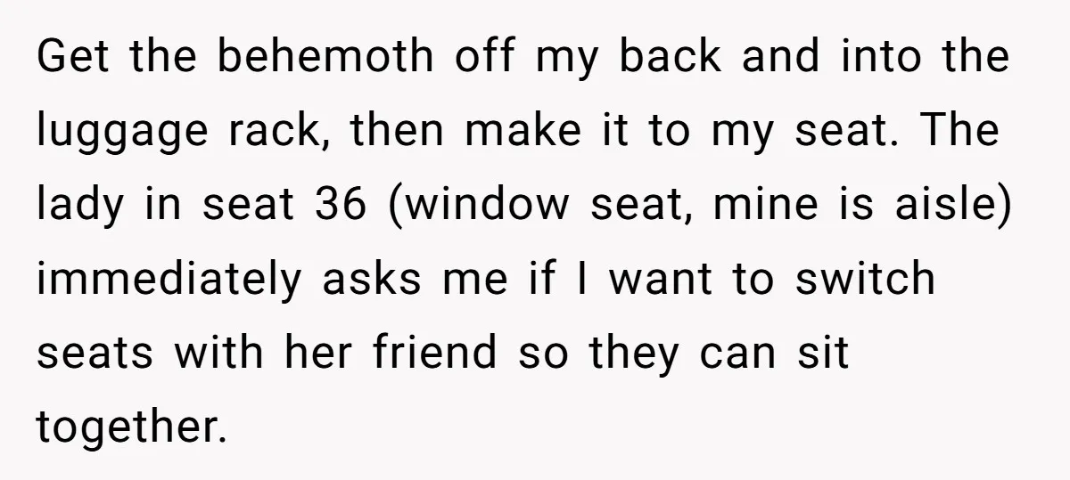 Get the behemoth off my back and into the luggage rack, then make it to my seat. The lady in seat 36 (window seat, mine is aisle) immediately asks me...