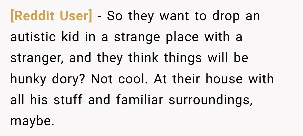 [Reddit User] − So they want to drop an autistic kid in a strange place with a stranger, and they think things will be hunky dory? Not cool. At their...