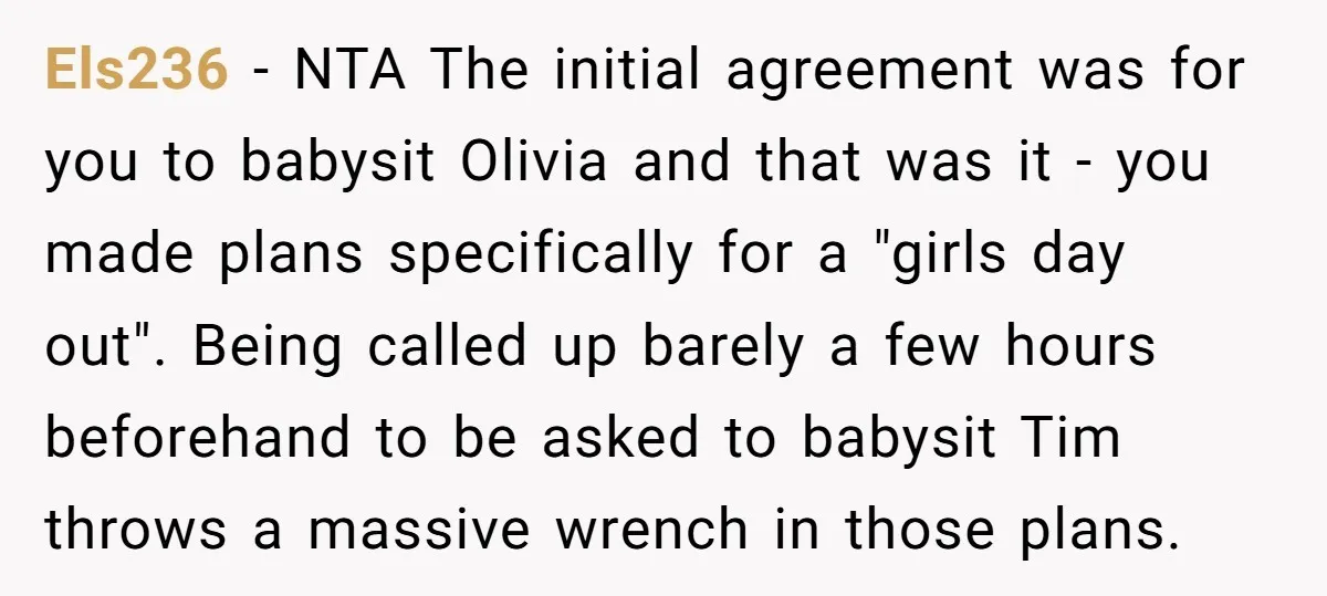 Els236 − NTA The initial agreement was for you to babysit Olivia and that was it - you made plans specifically for a "girls day out". Being called up barely...