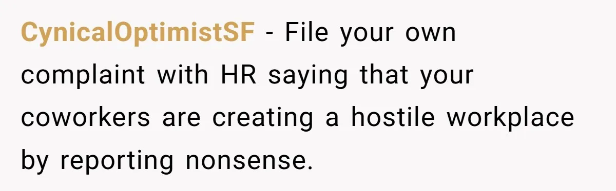 CynicalOptimistSF − File your own complaint with HR saying that your coworkers are creating a hostile workplace by reporting nonsense.