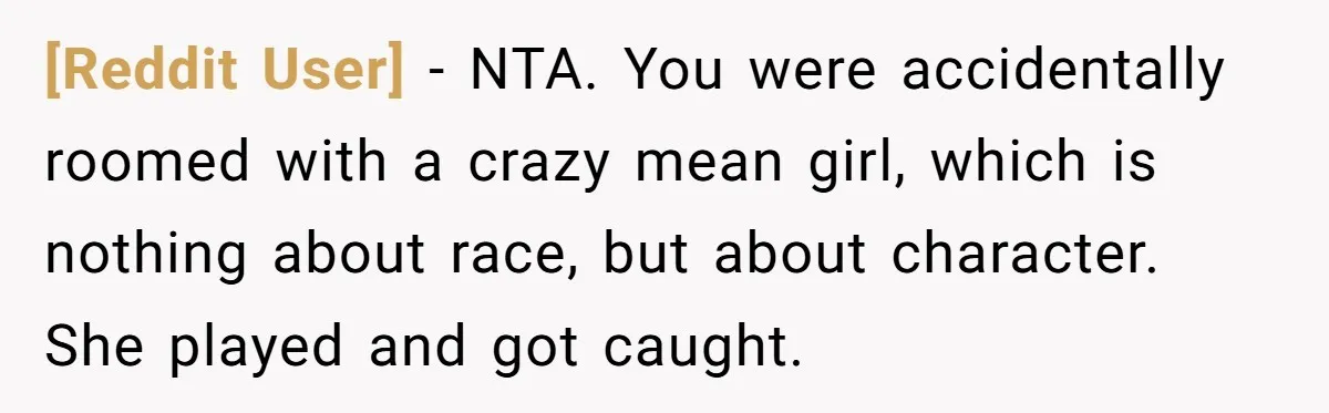 [Reddit User] − NTA. You were accidentally roomed with a crazy mean girl, which is nothing about race, but about character. She played and got caught.