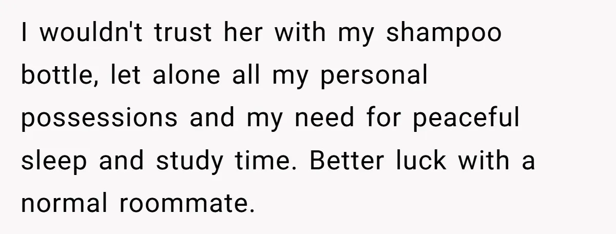 I wouldn't trust her with my shampoo bottle, let alone all my personal possessions and my need for peaceful sleep and study time. Better luck with a normal roommate.