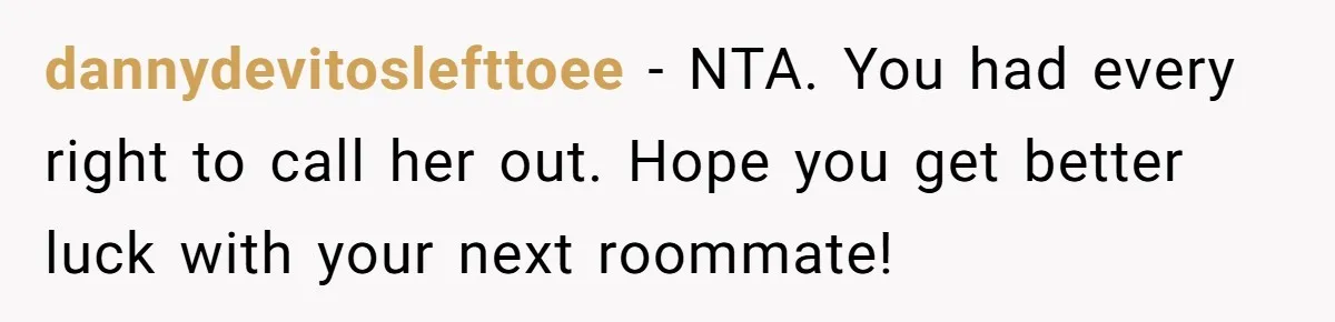 dannydevitoslefttoee − NTA. You had every right to call her out. Hope you get better luck with your next roommate!