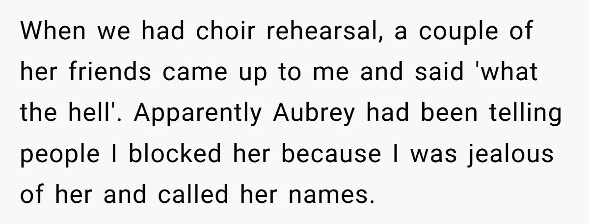 When we had choir rehearsal, a couple of her friends came up to me and said 'what the hell'. Apparently Aubrey had been telling people I blocked her because I...