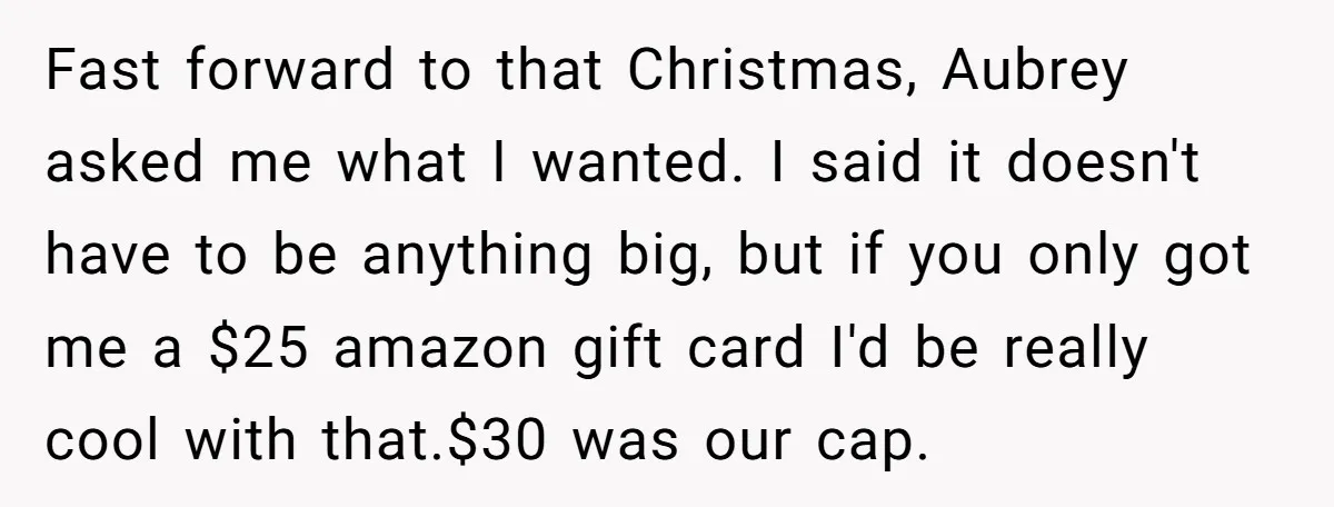 Fast forward to that Christmas, Aubrey asked me what I wanted. I said it doesn't have to be anything big, but if you only got me a $25 amazon gift...
