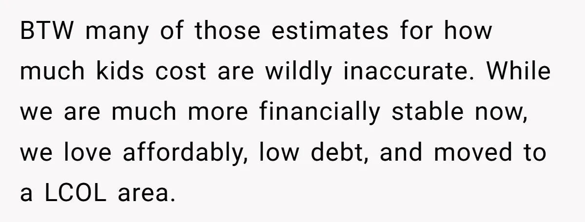 BTW many of those estimates for how much kids cost are wildly inaccurate. While we are much more financially stable now, we love affordably, low debt, and moved to a...