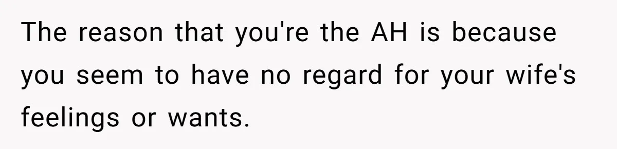 The reason that you're the AH is because you seem to have no regard for your wife's feelings or wants.