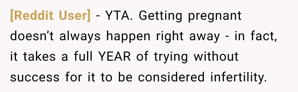 [Reddit User] − YTA. Getting pregnant doesn’t always happen right away - in fact, it takes a full YEAR of trying without success for it to be considered infertility.