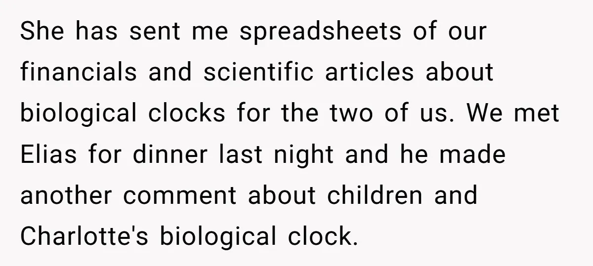 She has sent me spreadsheets of our financials and scientific articles about biological clocks for the two of us. We met Elias for dinner last night and he made another...