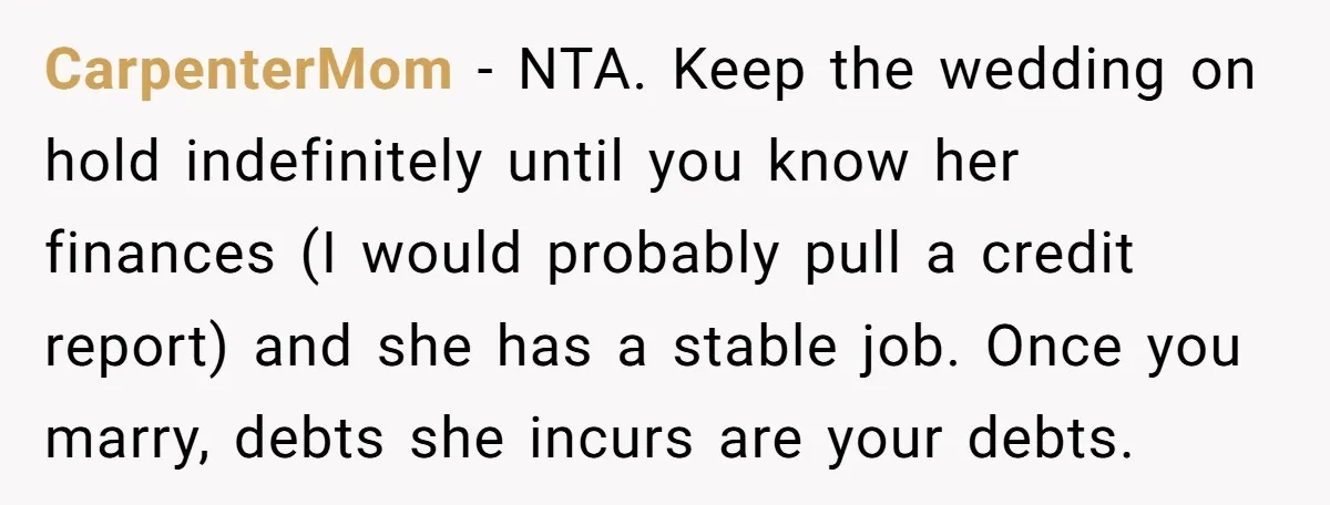 CarpenterMom − NTA. Keep the wedding on hold indefinitely until you know her finances (I would probably pull a credit report) and she has a stable job. Once you marry,...