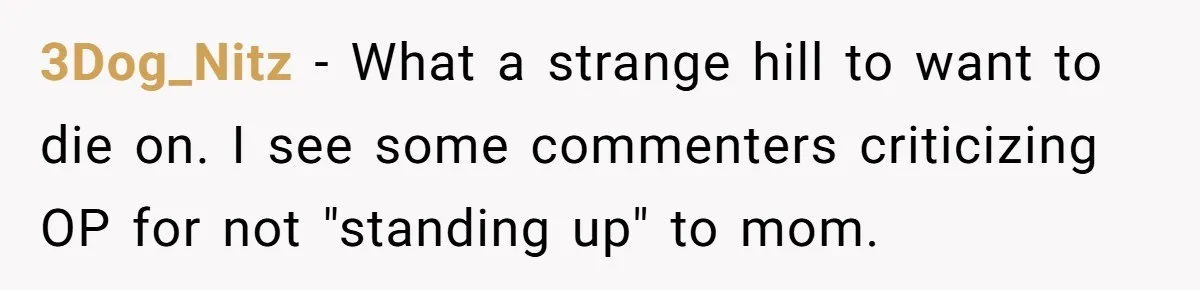 3Dog_Nitz − What a strange hill to want to die on. I see some commenters criticizing OP for not "standing up" to mom.