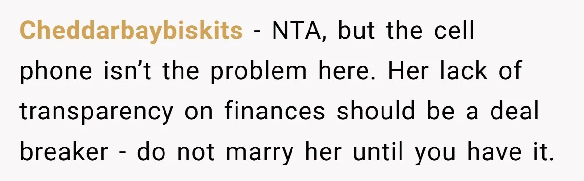 Cheddarbaybiskits − NTA, but the cell phone isn’t the problem here. Her lack of transparency on finances should be a deal breaker - do not marry her until you have...