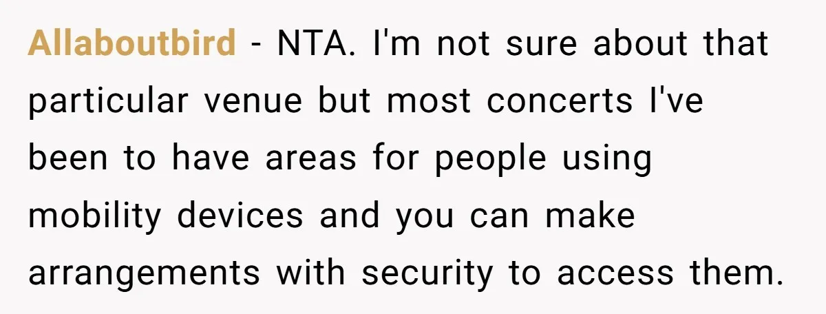 Allaboutbird − NTA. I'm not sure about that particular venue but most concerts I've been to have areas for people using mobility devices and you can make arrangements with security...